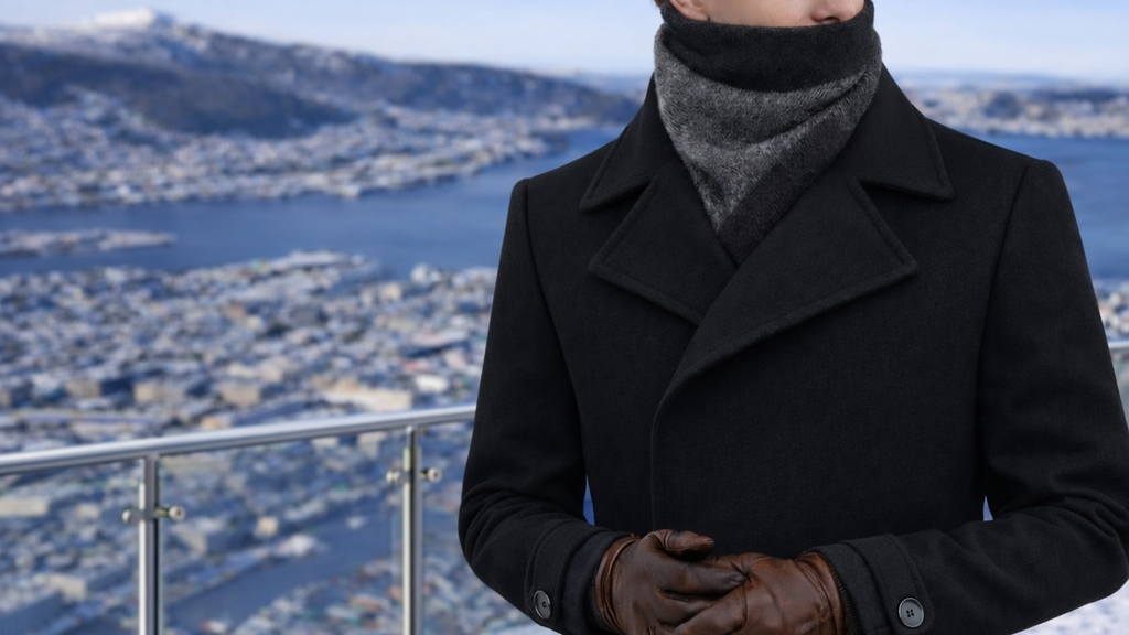 Person wearing a black coat, gray scarf, and brown gloves with a blurred scenic background
