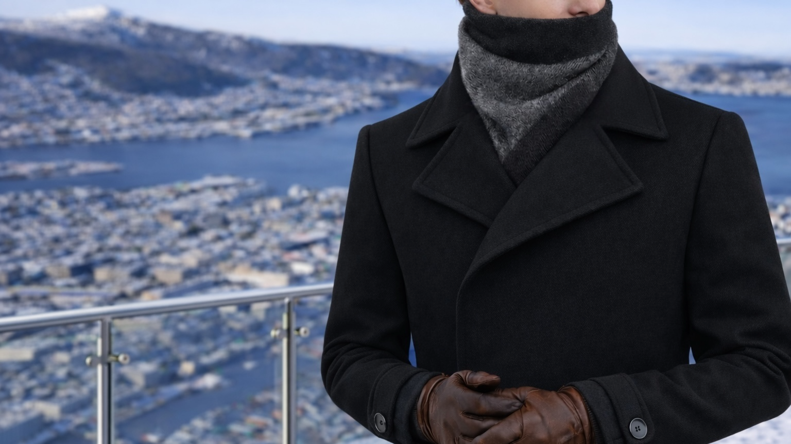 Person wearing a black coat, gray scarf, and brown gloves with a blurred scenic background